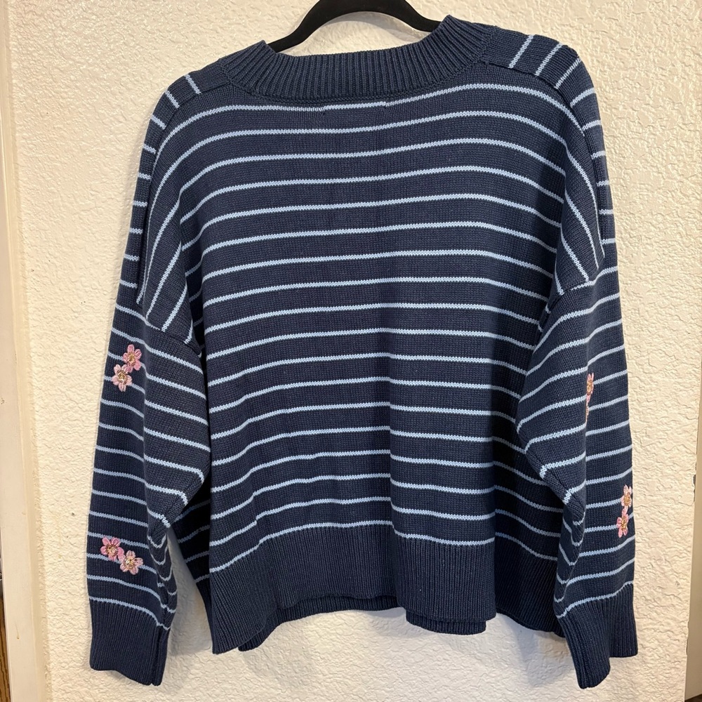 Joseph A. Striped Embroidered Crewneck Sweater Women XXL Navy Blue Floral Cotton - Picture 2 of 5